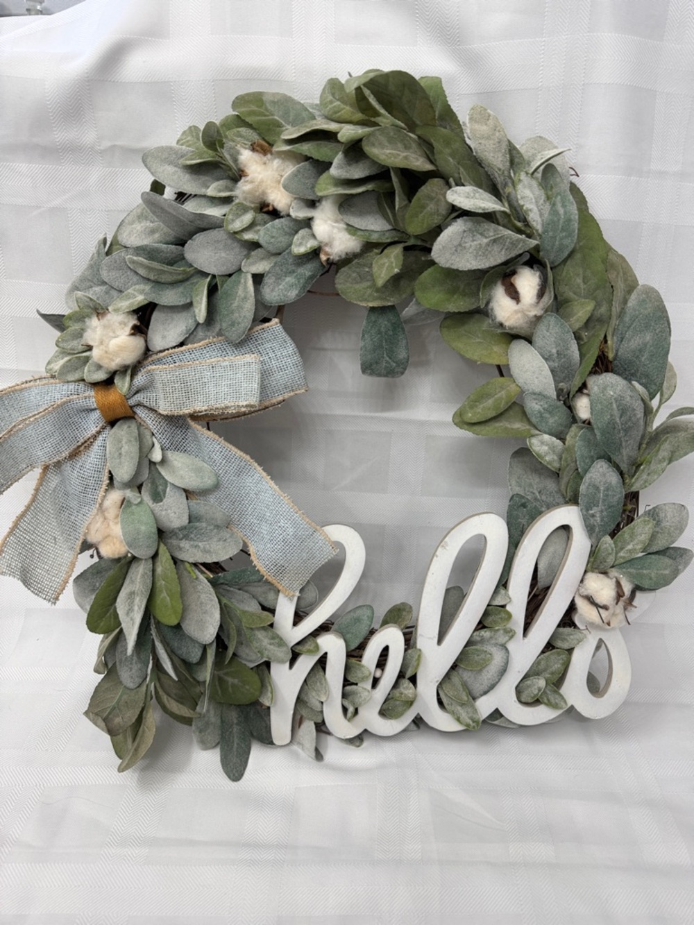 Farmhouse 'Hello' Cotton and Greenery Wreath with Blue Burlap Bow